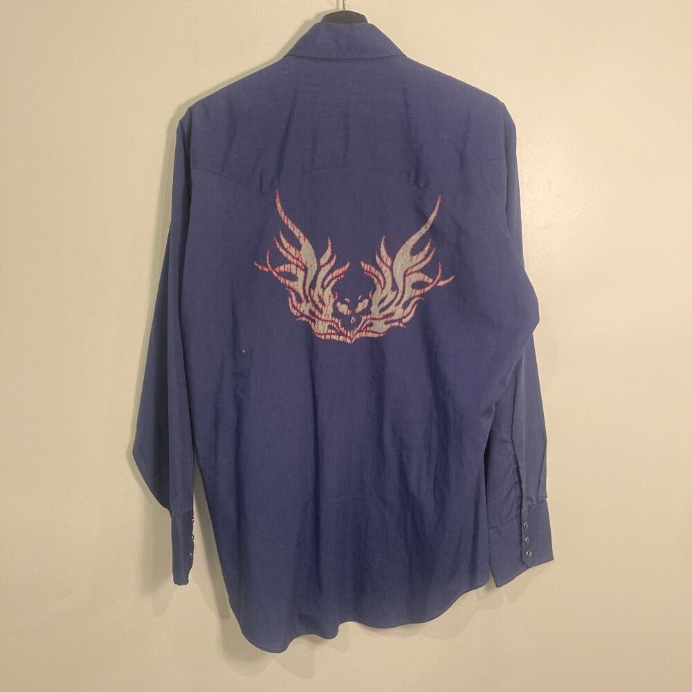 Large Vintage Men's Cowboy Shirt by Chute #1 - Blue with Silver Flames on Back